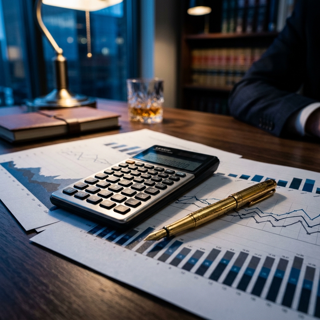 Cálculo de haberes con calculadora premium, lapicera y documentos legales