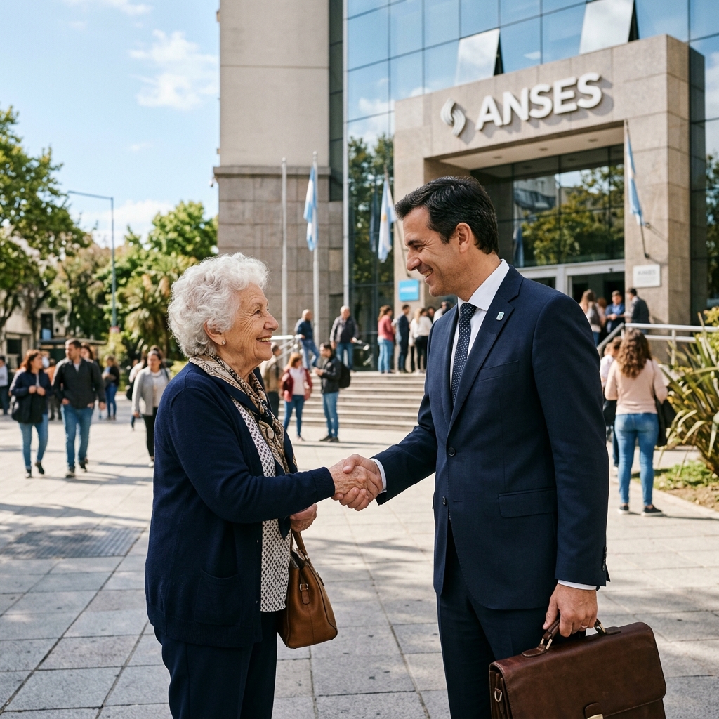 Abogada estrechando la mano de un cliente mayor frente a ANSES